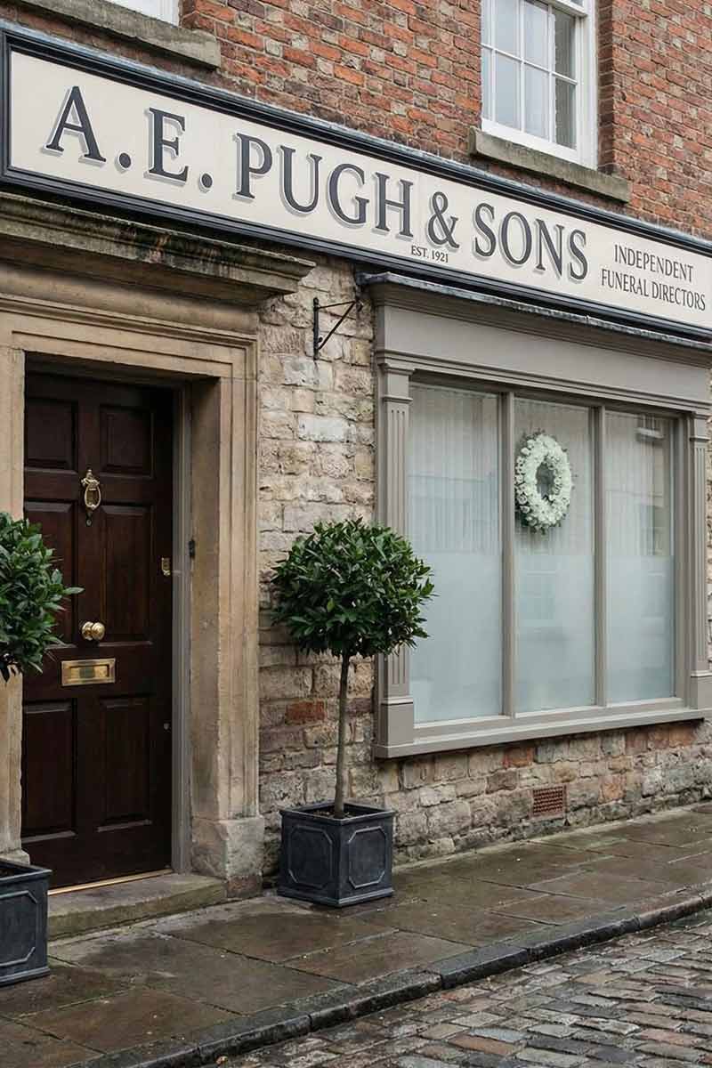 Independent UK funeral home exterior with a calm, professional appearance in natural daylight