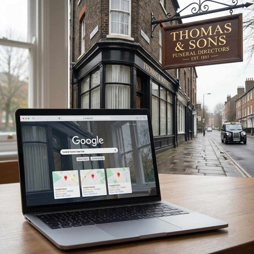 Professional image of a funeral home exterior with a tablet showing a Google local search result, representing funeral home SEO and local visibility