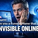 Why Most UK Funeral Directors are Invisible on Google and What to Do About it Funeral director shocked at laptop showing zero enquiries and declining website traffic, highlighting funeral home marketing and poor online visibility