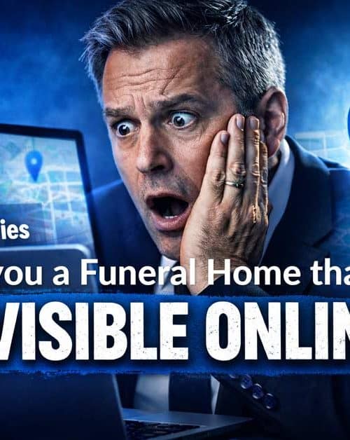 Funeral director shocked at laptop showing zero enquiries and declining website traffic, highlighting funeral home marketing and poor online visibility